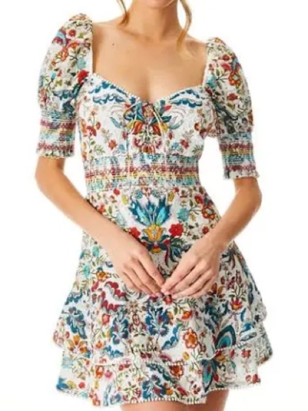 Alice + Olivia White Floral Puff-Sleeve Mini Dress